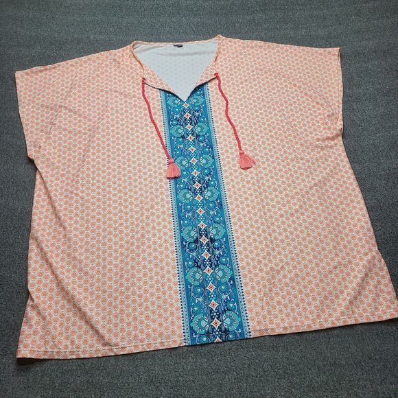 Boho Tunic Top XL Orange Blue Tassel V-Neck Caftan Blouse Lightweight Nylon... - Picture 2 of 8